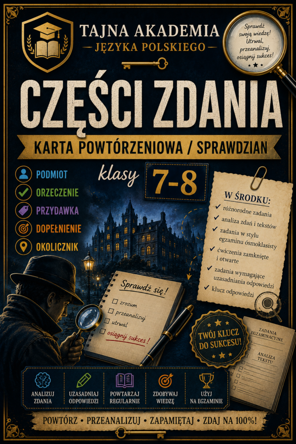 Części zdania – karta powtórzeniowa / sprawdzian | Klasy 7–8 | Tajna Akademia Języka Polskiego | PDF