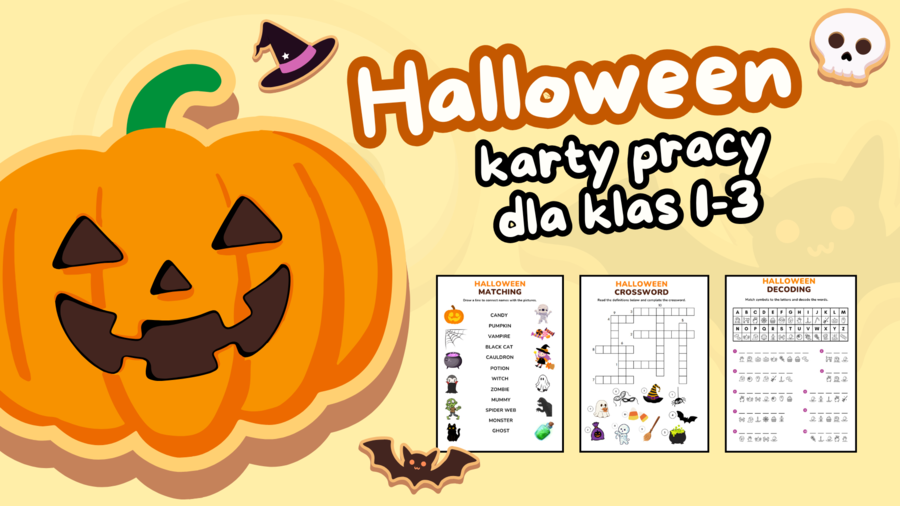 Słówka na HALLOWEEN - Karty pracy z angielskiego dla klas 1-3 (wykreślanki, kodowanie, krzyżówka, kolorowanki i WIĘCEJ!)