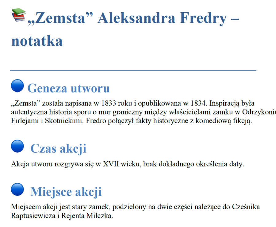 Notatka "Zemsta" A. Fredro