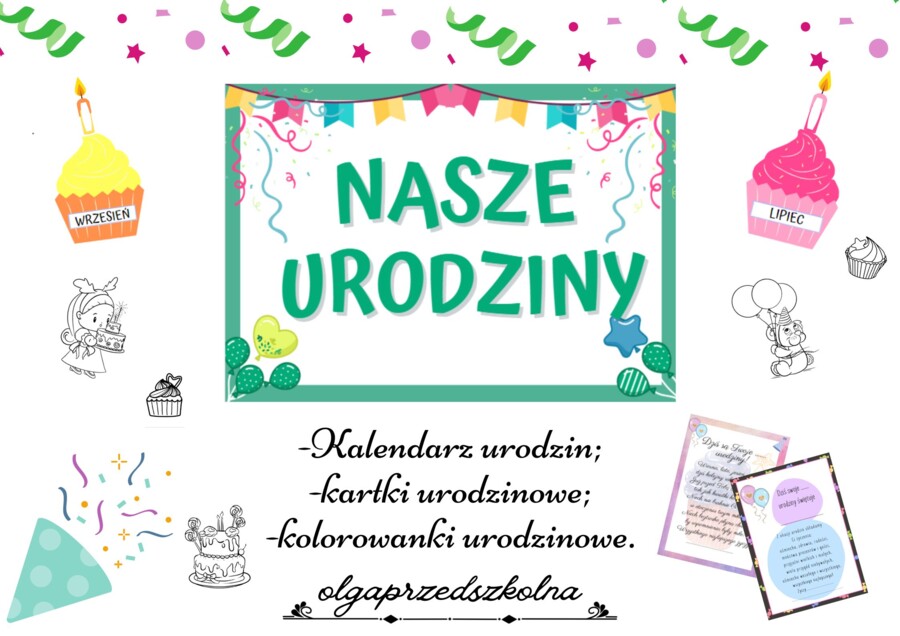 Kalendarz urodzin, kartki urodzinowe, kolorowanki