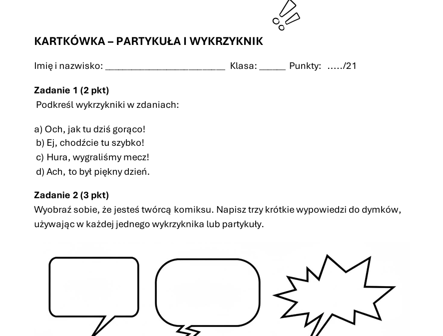 Kartkówka wykrzyknik i partykuła, klasa 6