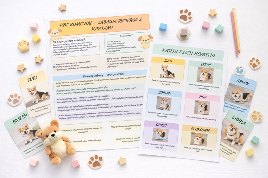 Psie komendy – zabawa ruchowa z kartami