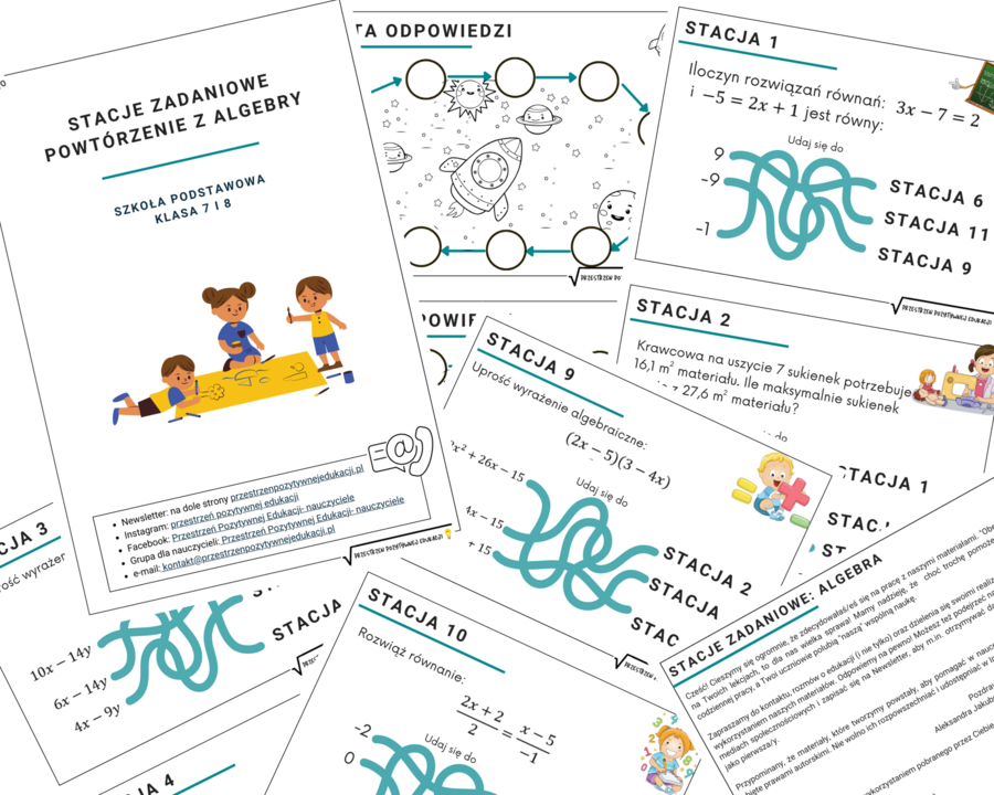 Stacje zadaniowe z algebry (równania, proporcje, wyrażenia, klasa 7 i 8)