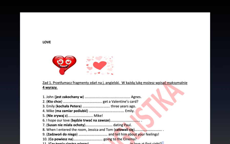 Walentynki - Valentine's Day - egzamin ósmoklasisty - tłumaczenie fragmentów i budowanie zdań z podanych elementów