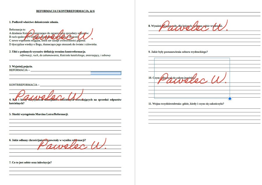 Reformacja i kontrreformacja klasa 6 - sprawdzian, kartkówka, karta pracy