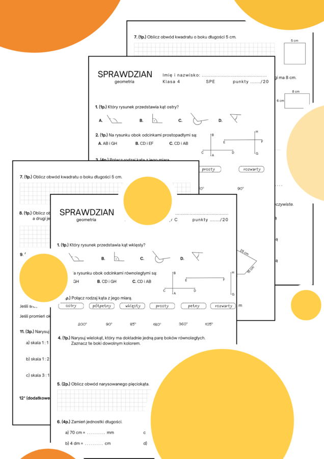 Sprawdzian - figury na płaszczyźnie. Geometria. Klasa 4