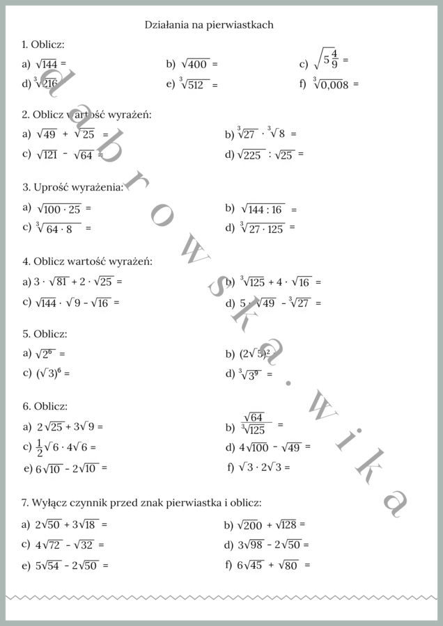Działania na pierwiastkach - zestaw zadań