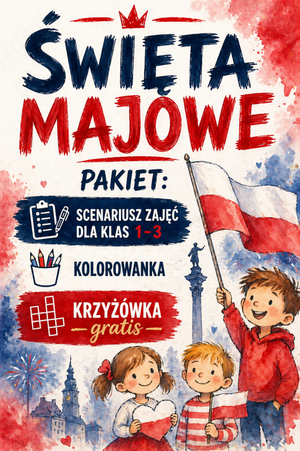 ŚWIĘTA MAJOWE – pakiet: scenariusz zajęć dla klas 1-3 + kolorowanka + krzyżówka (gratis); 1 maja, 2 maja, 3 maja