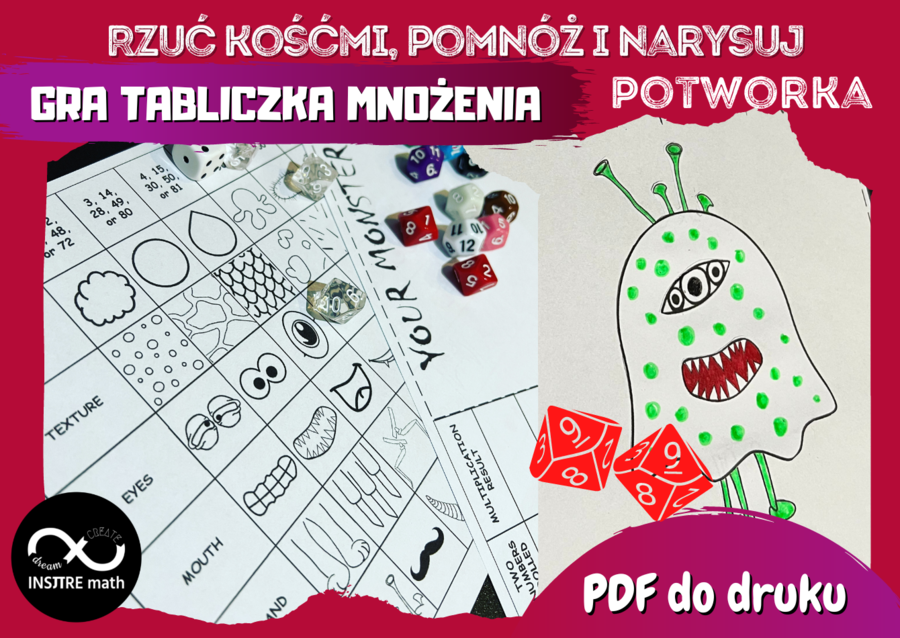GRA TABLICZKA MNOŻENIA Światowy Dzień Tabliczki Mnożenia. Rzuć kośćmi, pomnóż i narysuj potworka. Matematyka na Halloween