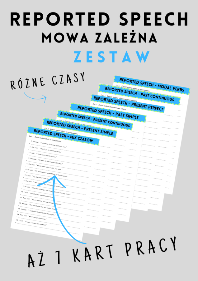 ZESTAW: Reported Speech - Mowa Zależna -7 kart pracy - różne czasy - ćwiczenia - do wydrukowania  - matura - B2 -  .pdf