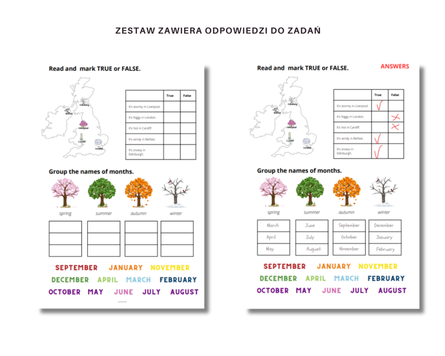 Karta Pracy Pogoda Weather, pory roku, nazwy miesięcy i dni tygodnia