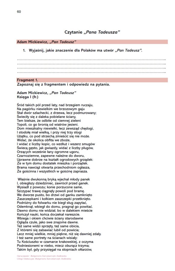 Fragmenty lektur do czytania i omawiania poczas lekcji