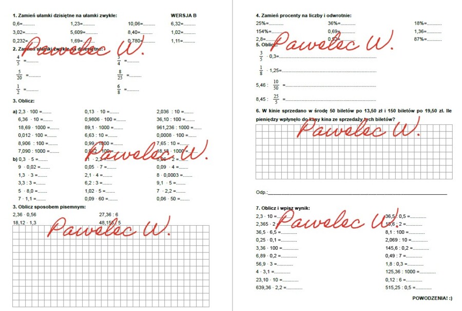 UŁAMKI DZIESIĘTNE mnożenie i dzielenie - karty pracy, zadania, sprawdzian, kl. 5, 6