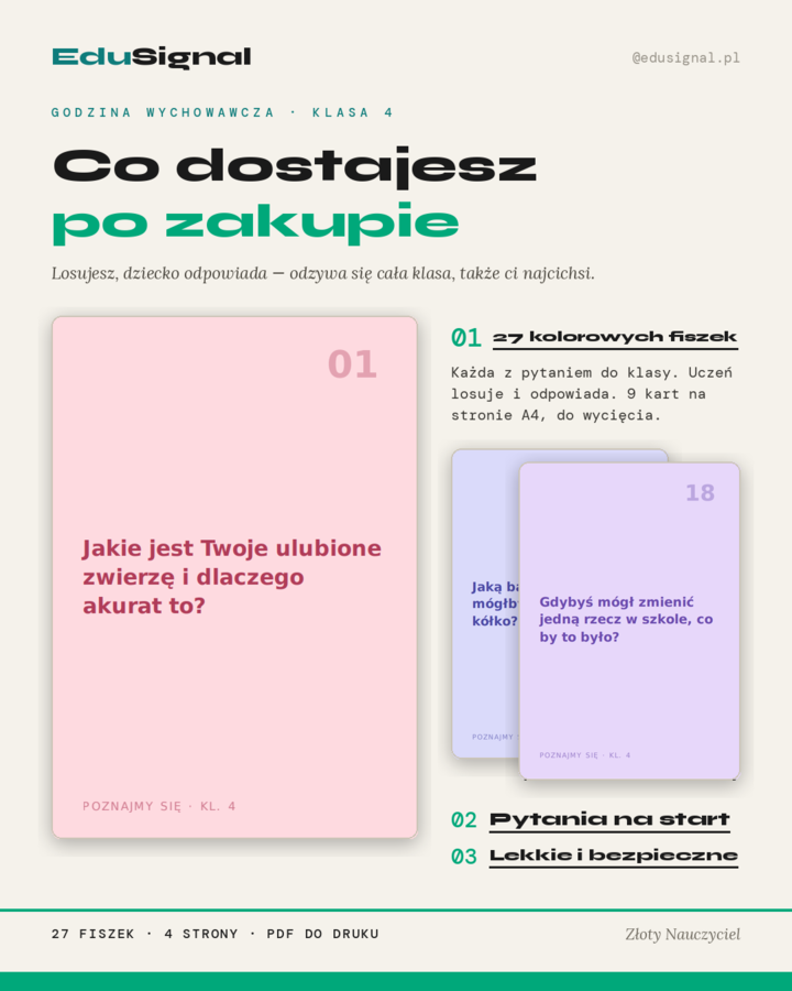 Poznajmy się — fiszki na pierwszą godzinę wychowawczą, klasa 4 (27 kart + instrukcja)