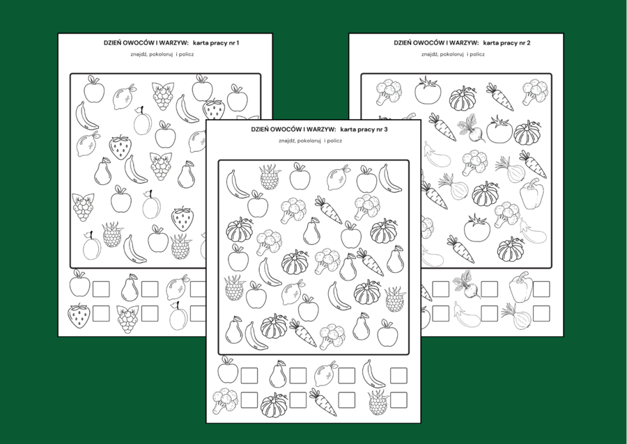 DZIEŃ OWOCÓW I WARZYW - znajdź, pokoloruj i policz – 3 wersje - biblioteka – świetlica - przedszkole