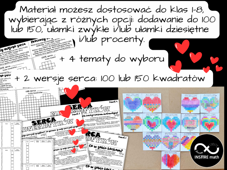 Matematyczne Walentynki. Projekt grupowy lub indywidualny: Matematyka mojego serca. Różne opcje: dodawanie do 100 lub 150, ułamki zwykłe, ułamki dziesiętne, procenty.
