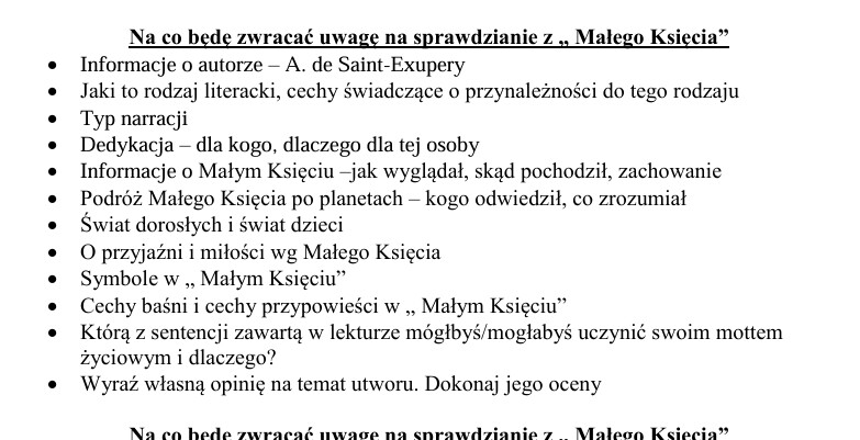 Sprawdzian z lektury Mały Książę