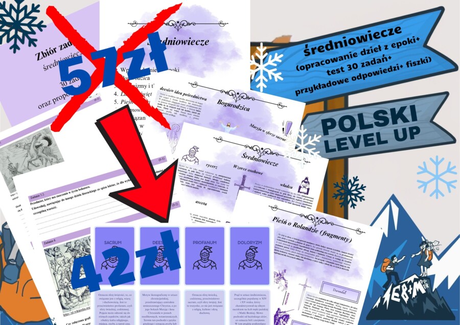 średniowiecze_pakiet 3 elementów (opracowanie lektur i epoki+ test+fiszki)_Polski Level Up