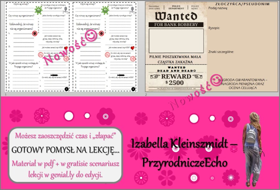 Pomysł na lekcję/karta pracy/stacje zadaniowe/materiał do lekcji do tematu „Wirusy” w pdf. W gratisie niekomercyjny scenariusz lekcji/pomysł na lekcję w programie genial.ly do edycji. Biologia 5. Dział „Wirusy, bakterie, grzyby, protisty”.