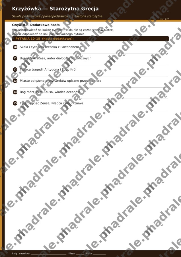 KRZYŻÓWKA "STAROŻYTNA GRECJA" + KLUCZ ODPOWIEDZI