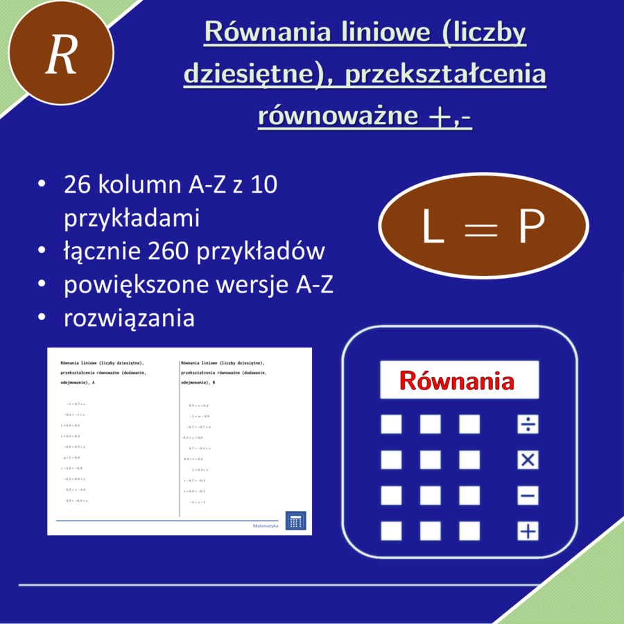 Równania liniowe (liczby dziesiętne), przekształcenia równoważne (dodawanie, odejmowanie) | matematyka, algebra | 26 kolumn