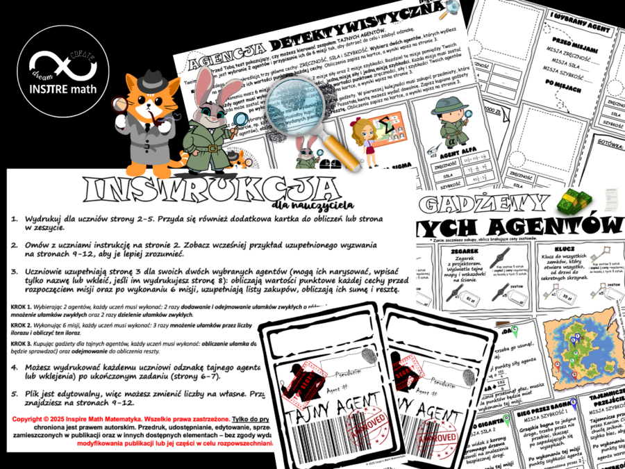 Agencja Detektywistyczna UŁAMKI ZWYKŁE. Matematyczne wyzwanie – dodawanie, odejmowanie, mnożenie i dzielenie ułamków.