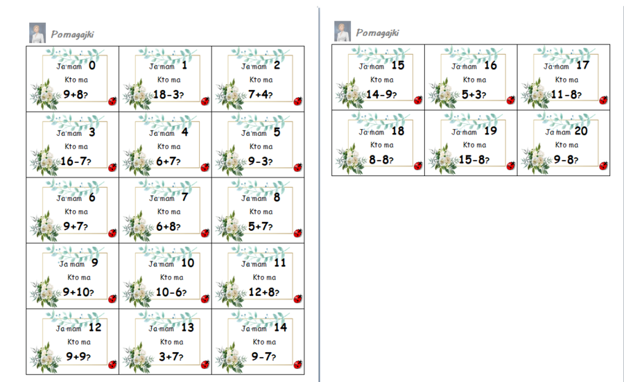 "Ja mam... kto ma...?" wiosenna gra - dodawanie i odejmowanie do 20