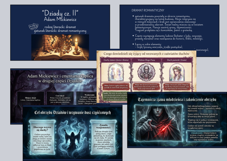 🎭DRAMAT na egzaminie - Zemsta - Balladyna - Dziady cz. II + teoria - prezentacja multimedialna(24 slajdy)