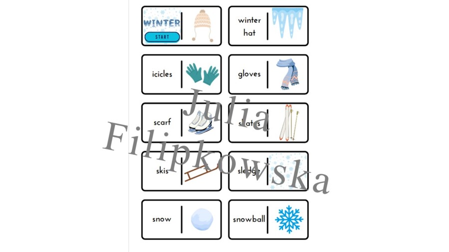 Winter holidays domino/ Ferie zimowe/ Zima / Domino/ Gra/ Gra językowa/ Karty obrazkowe/ Zabawa/ Dzieci/ Warm-up/ Rozgrzewka/ Słowncitwo