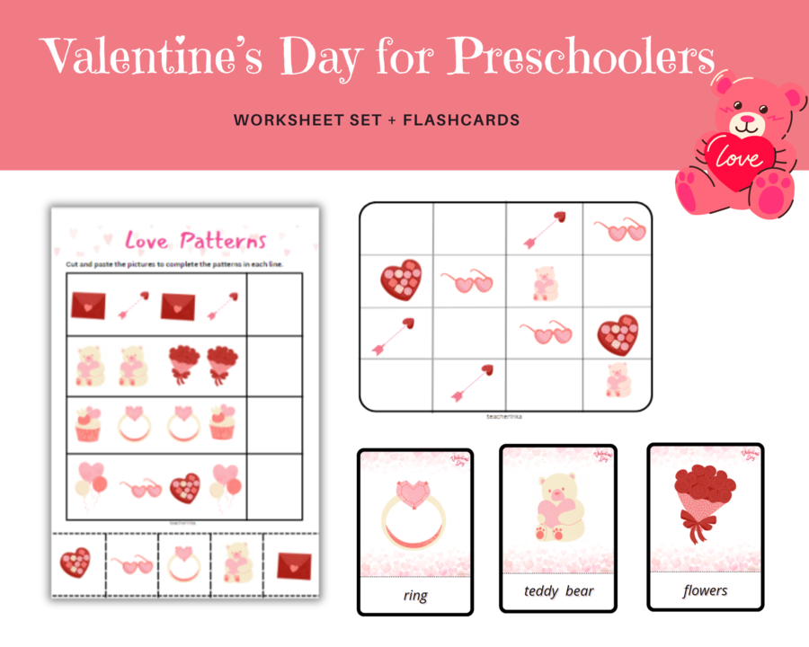 Valentine's Day for Preschoolers - Walentynki dla Przedszkolaka - karta pracy dla przedszkolaków i uczniów zerówki do rozwijania umijętności słownictwa i logicznego myślenia, Walentynki, słownictwo, sudoku, gra I Spy, labirynt, liczenie do 10, wzory, wha