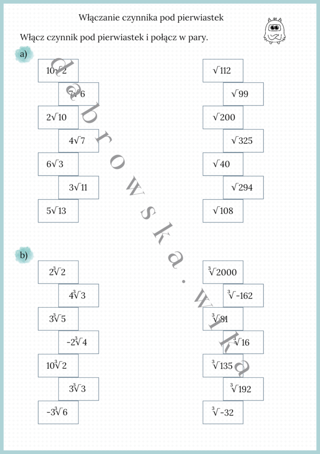 Włączanie czynnika pod znak pierwiastka - karta pracy