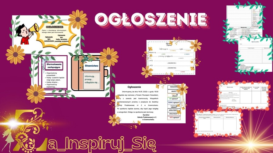 Ogłoszenie w kl. IV-VIII- karty pracy, scenariusz lekcji