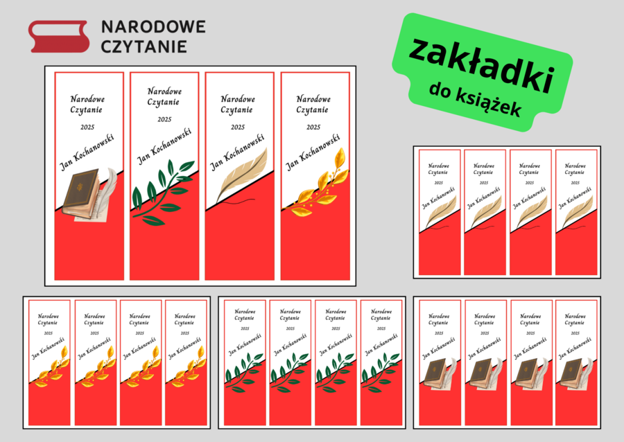 NARODOWE CZYTANIE 2025 – zakładki do książek – zakładka – Jan Kochanowski – biblioteka - język polski - wersja 3