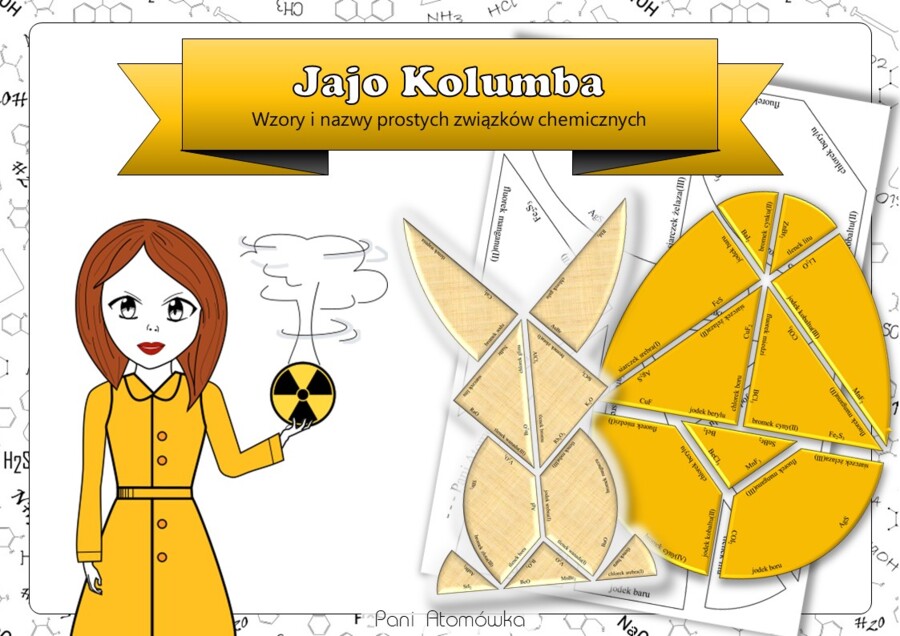 Chemia. Klasa 7. Wzory i nazwy prostych związków chemicznych. Jajo Kolumba. Układanka. Tangram. Puzzle. Karta pracy. Zadanie. Zagadka. Wielkanocna/wiosenna karta pracy.