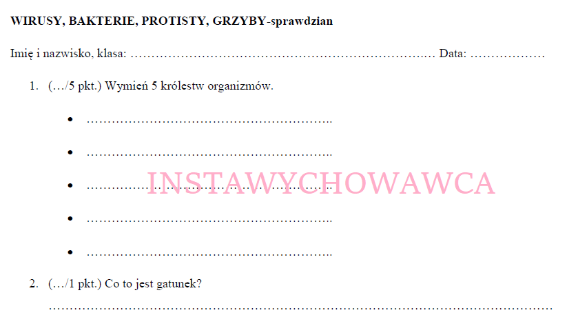 wirusy, bakterie, protisty, grzyby-sprawdzian