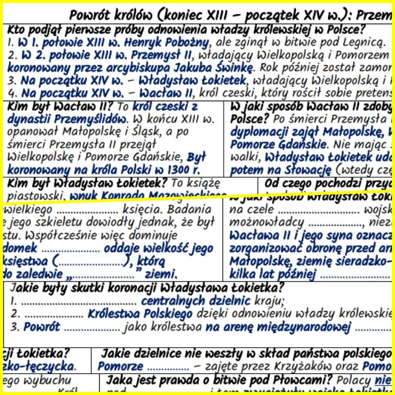 Powrót królów (koniec XIII – początek XIV w.): Przemysł II, Wacław II, Władysław Łokietek – notatki i karta pracy
