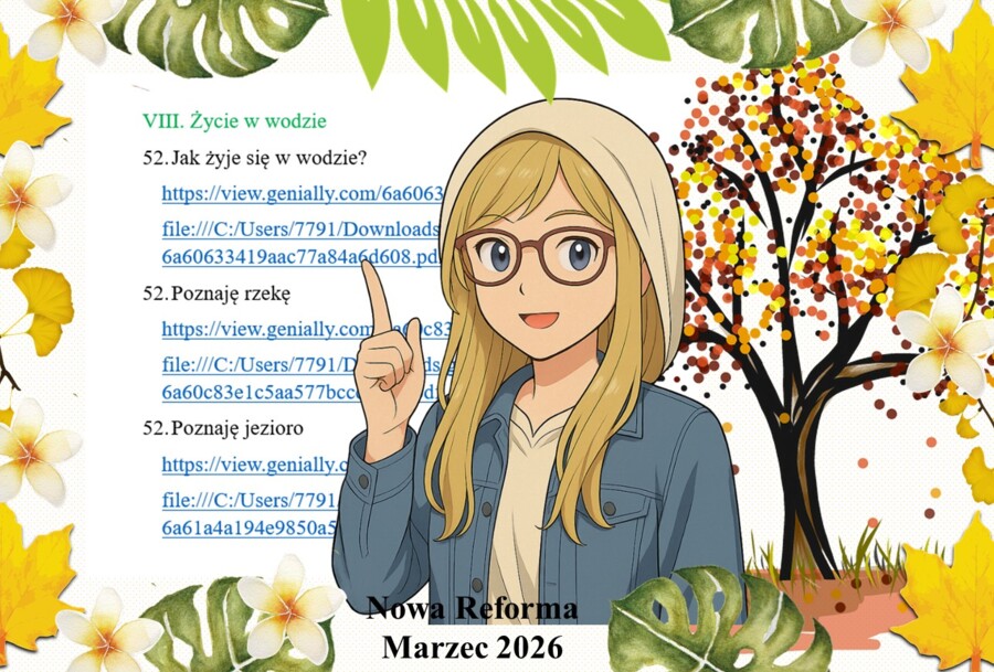 Zestaw samych prezentacji multimedialnych z przyrody wykonanych w genial.ly do edycji do jednego działu "Życie w wodzie" w pdf. Przyroda. klasa 4. Nowa Era "Odkrywam przyrodę".