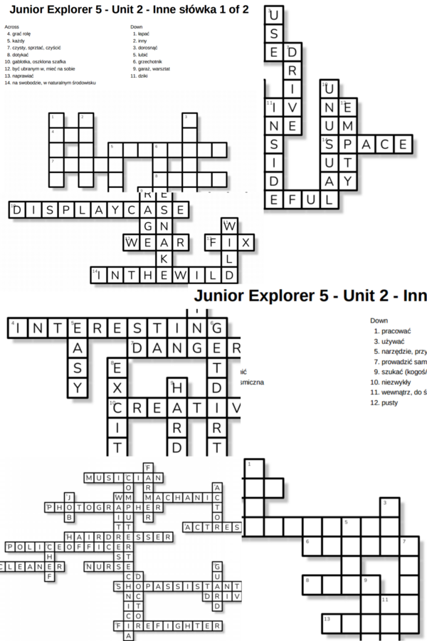Junior Explorer 5 – Unit 2 – krzyżówki – Przymiotniki/Zawody/Inne słówka