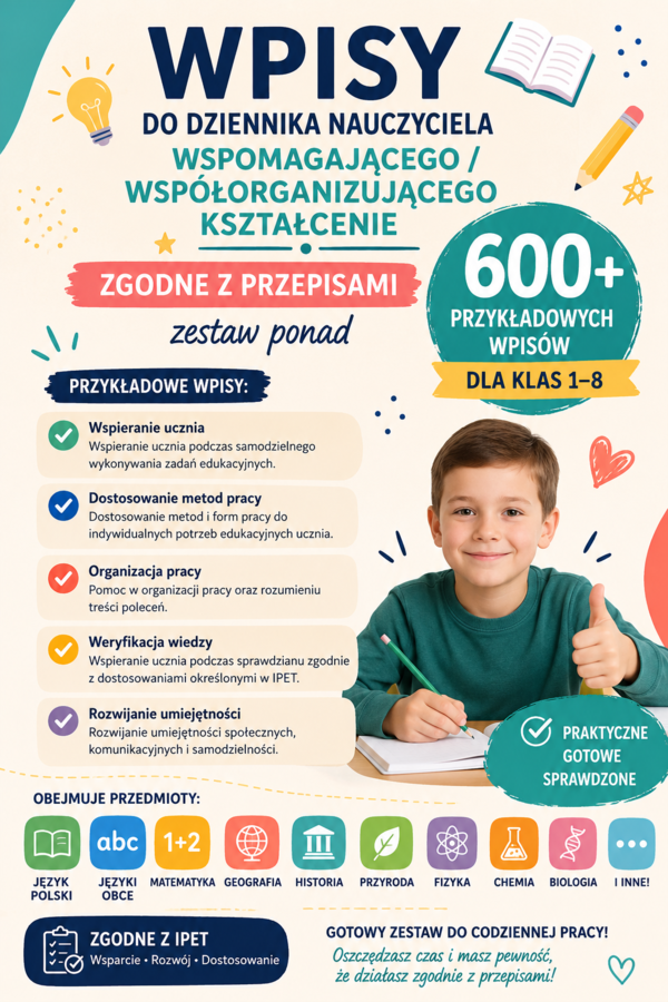 Wpisy do dziennika nauczyciela wspomagającego / współorganizującego kształcenie pakiet ponad 600 wpisów