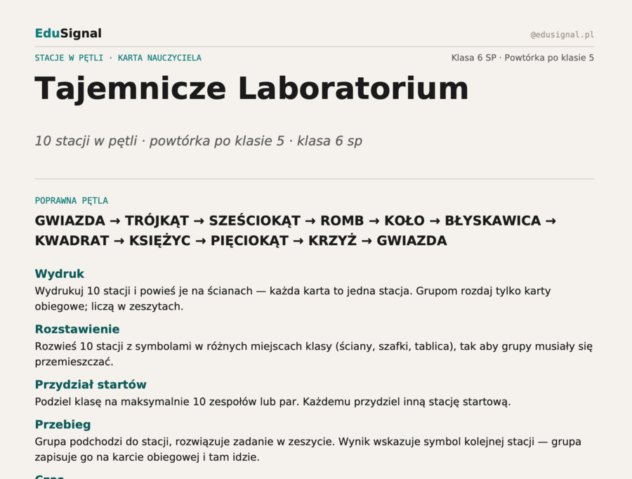 Stacje zadaniowe: Tajemnicze Laboratorium — powtórka po klasie 5 | matematyka klasa 6 | gra z obiegiem po klasie