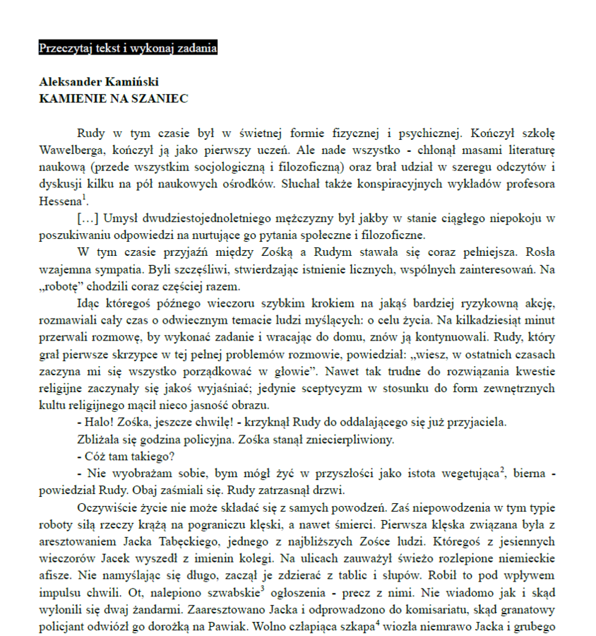 Egzamin ósmoklasisty – Arkusz z języka polskiego „Kamienie na szaniec” | Pełny test z kluczem odpowiedzi