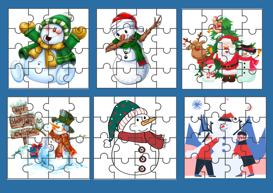 DZIEŃ BAŁWANA – Dzień Bałwanka - zima - PUZZLE – 14 obrazków - ćwiczenia redakcyjne