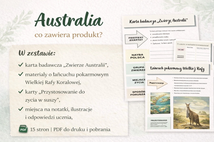 Karta badacza "Zwierzę Australii".  Łańcuch pokarmowy Wielkiej Rafy Koralowej.  Przystosowania do życia w suszy. [GEOGRAFIA]