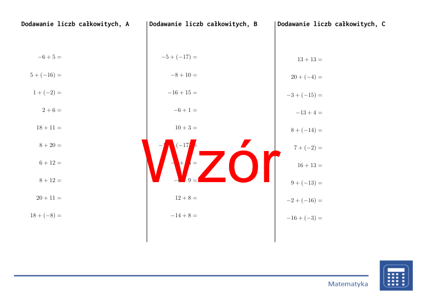 Dodawanie liczb całkowitych | matematyka | 26 kolumnv