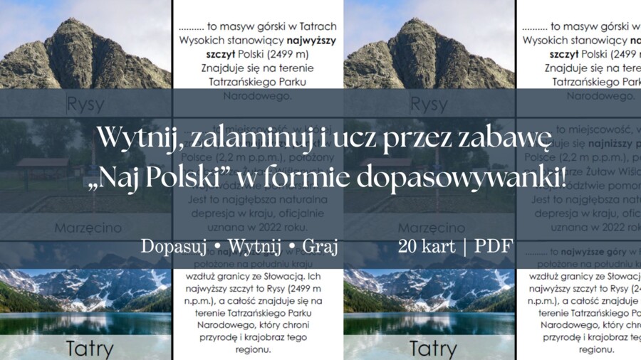 „Naj Polski” – dopasuj zagadkę do miejsca | gra edukacyjna do druku (20 elementów)