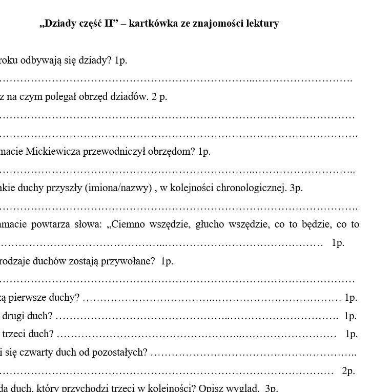 Dziady cz. II Adam Mickiewicz - kartkówka ze znajomości lektury