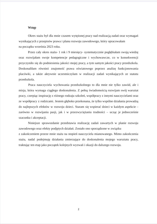 Sprawozdanie z realizacji planu rozwoju zawodowego nauczyciela kontraktowego ubiegającego się o stopień nauczyciela mianowanego