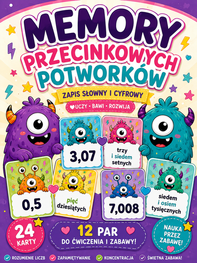 👾 „Memory przecinkowych potworków – zapis słowny i cyfrowy ułamków dziesiętnych | SPE | klasy 4–5”