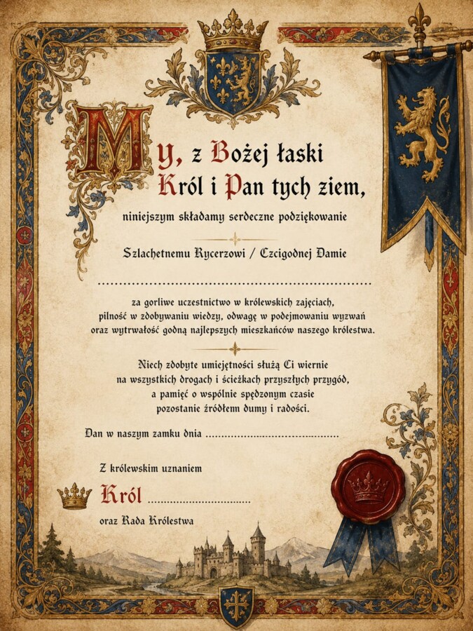 Dyplomy za udział w zajęciach historycznych w formie listu od króla/królowej