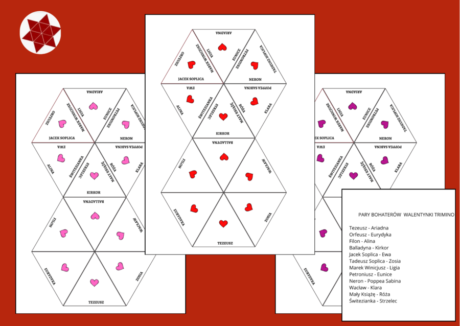PARY BOHATERÓW - lektury - egzamin - powtórka- WALENTYNKI – kl. 4-8 – trimino - 12 elementów + odpowiedzi